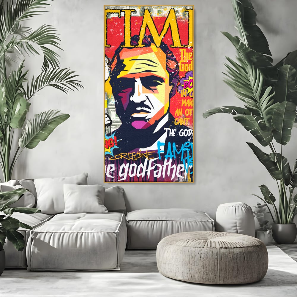 Tablou canvas cu tablou canvas portret mafiot stil pop art, in rama de aluminiu auriu, pe perete intr-un living